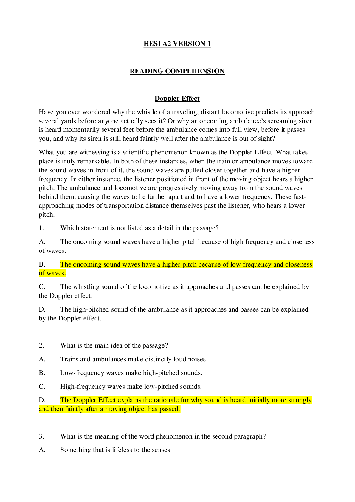 Preview of HESI A2 VERSION 1 READING COMPEHENSION EXAM